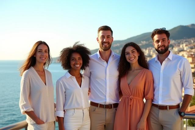 Notre équipe fondatrice d'Aube Gestion souriante devant le littoral de Nice.