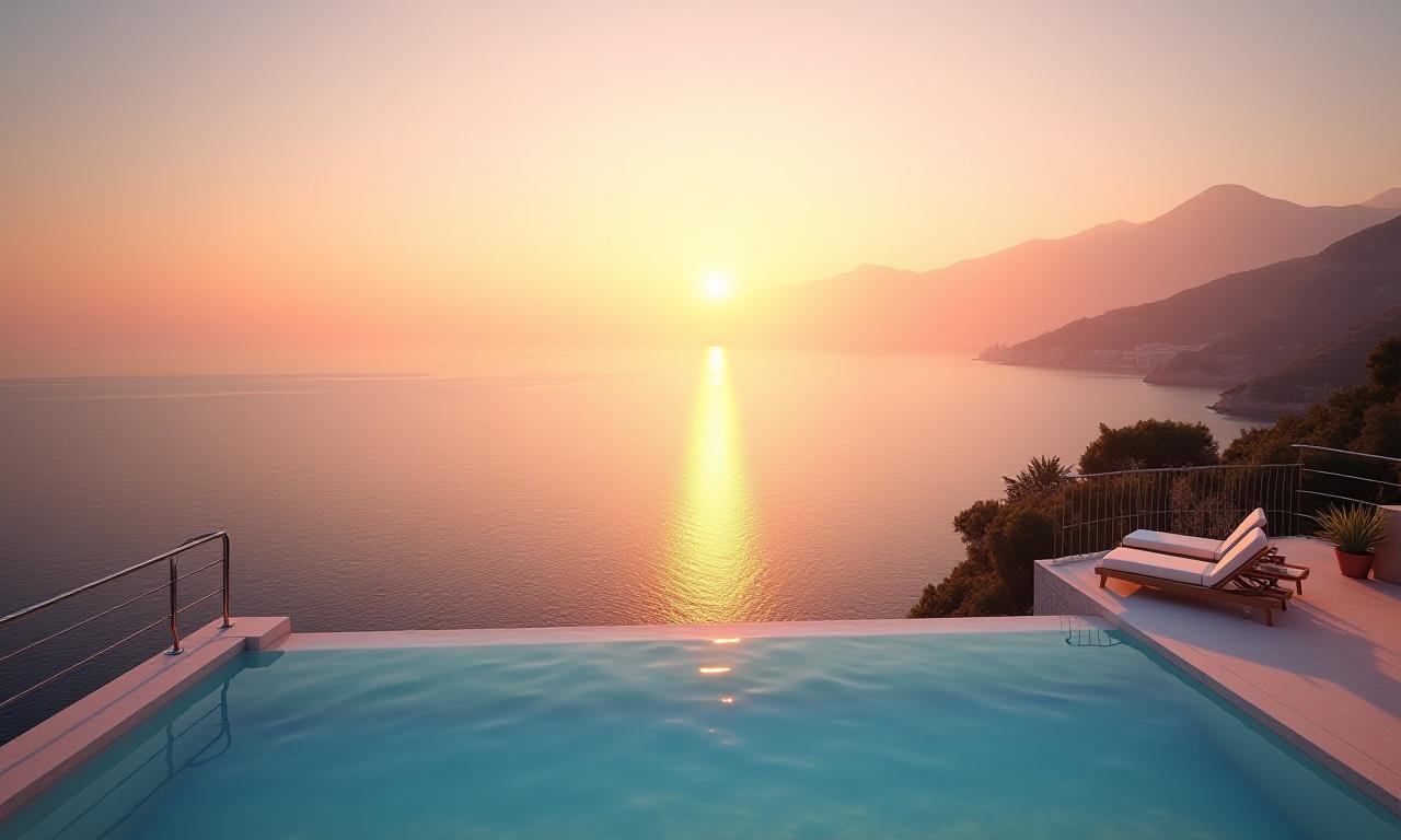 Lever de soleil sur la Méditerranée, vue depuis une villa de luxe